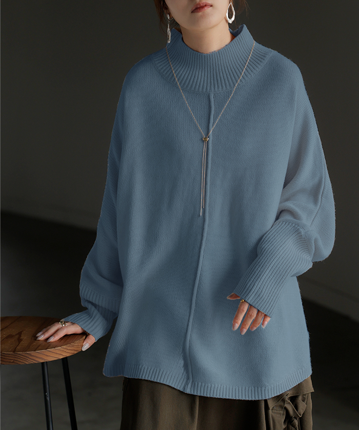 ニット ハイネック ドルマン レディース トップス ロング セーター プルオーバー 長袖 長い ドルマンスリーブ タートルネック リブ 無地 チュニック | HUG.U | 06