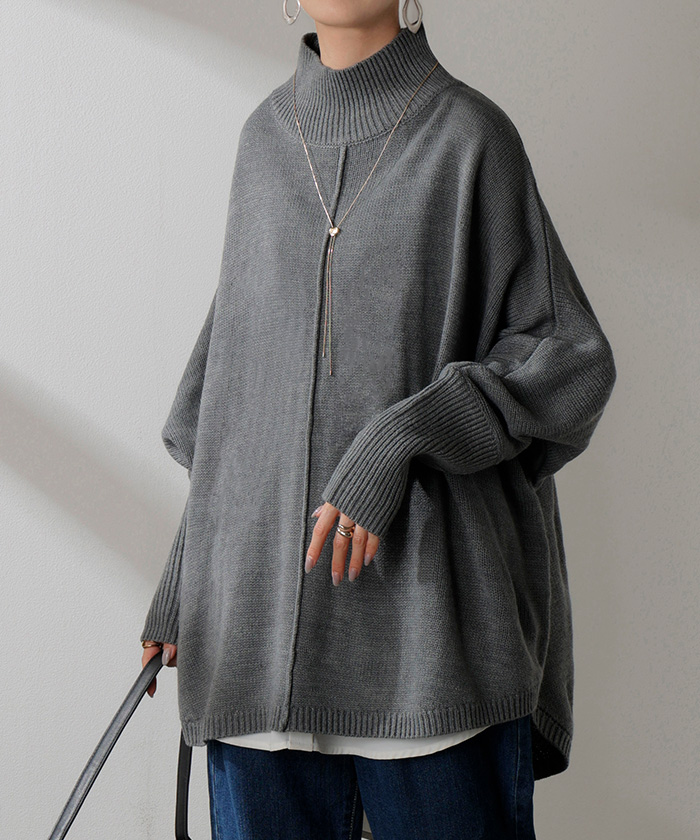 ニット ハイネック ドルマン レディース トップス ロング セーター プルオーバー 長袖 長い ドルマンスリーブ タートルネック リブ 無地 チュニック | HUG.U | 04