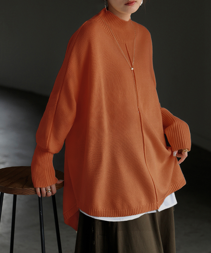 ニット ハイネック ドルマン レディース トップス ロング セーター プルオーバー 長袖 長い ドルマンスリーブ タートルネック リブ 無地 チュニック | HUG.U | 05