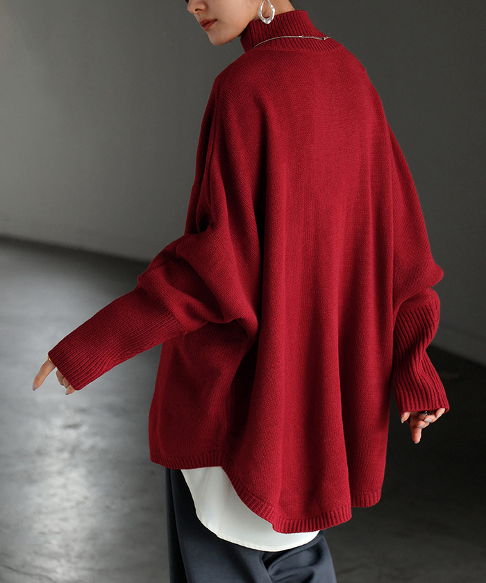 ニット ハイネック ドルマン レディース トップス ロング セーター プルオーバー 長袖 長い ドルマンスリーブ タートルネック リブ 無地 チュニック | HUG.U | 01