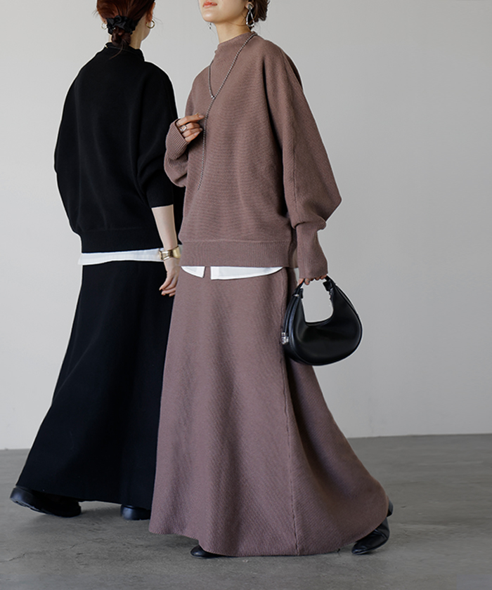 セットアップ 2点セット ニット スカート レディース トップス ボトムス セーター ロング 無地 フレアスカート ロングスカート 3way リブ チュニック ゆったり | HUG.U | 01