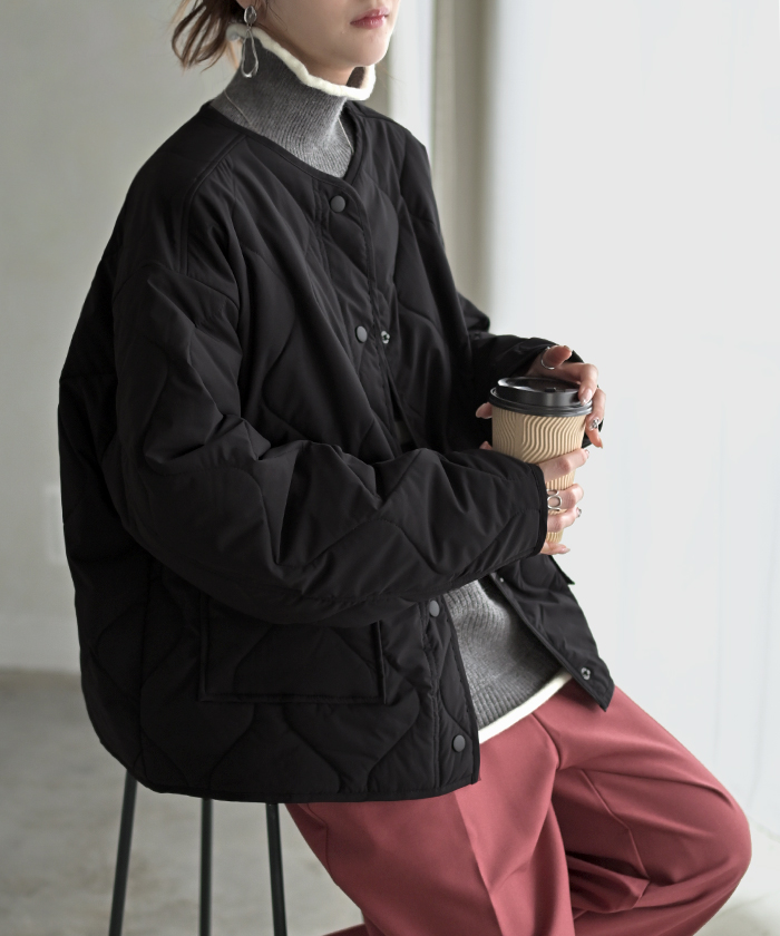 ジャケット 軽量 撥水 中綿 キルティング ジャスト丈 レディース アウター コート ブルゾン ミリタリー ノーカラー オーバーサイズ 大きいサイズ 体型カバー | HUG.U | 04