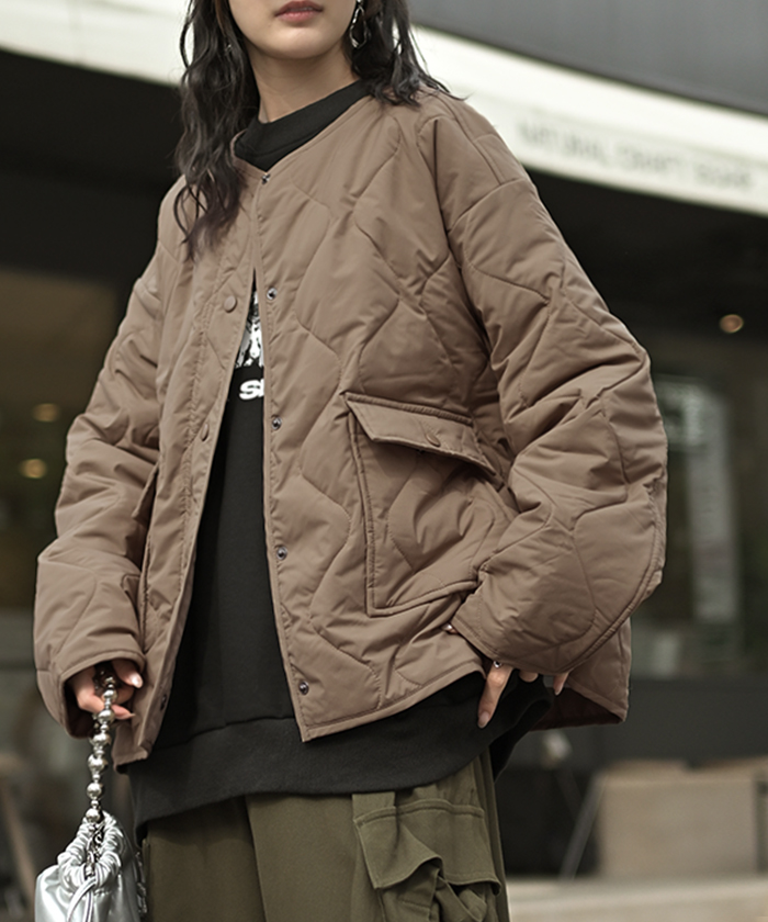 ジャケット 軽量 撥水 中綿 キルティング ジャスト丈 レディース アウター コート ブルゾン ミリタリー ノーカラー オーバーサイズ 大きいサイズ 体型カバー | HUG.U | 01