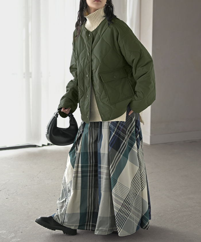 ジャケット 軽量 撥水 中綿 キルティング ジャスト丈 レディース アウター コート ブルゾン ミリタリー ノーカラー オーバーサイズ 大きいサイズ 体型カバー | HUG.U | 02