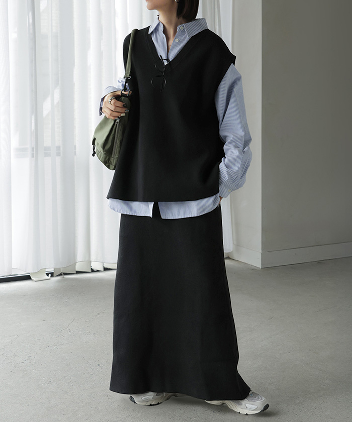 セットアップ ニットベスト スカート 2点セット レイヤード ニット ベスト ニットスカート ジレ トップス チュニック レディース ロングスカート 体型カバー | HUG.U | 02