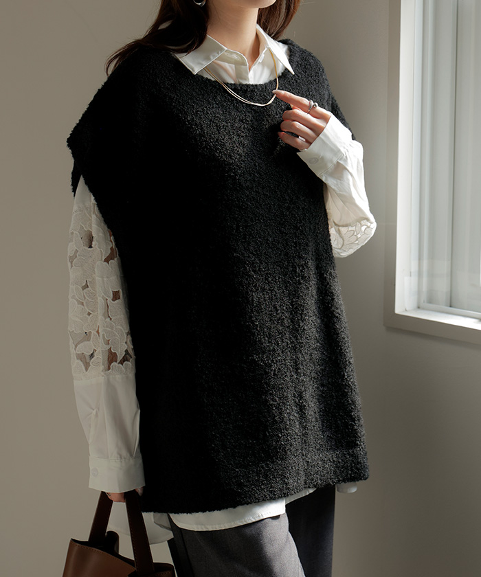 ベスト ニット ロング 選べる ネック レディース トップス セーター ジレ クルーネック Vネック チュニック ブークレ生地 コクーン レイヤード | HUG.U | 04