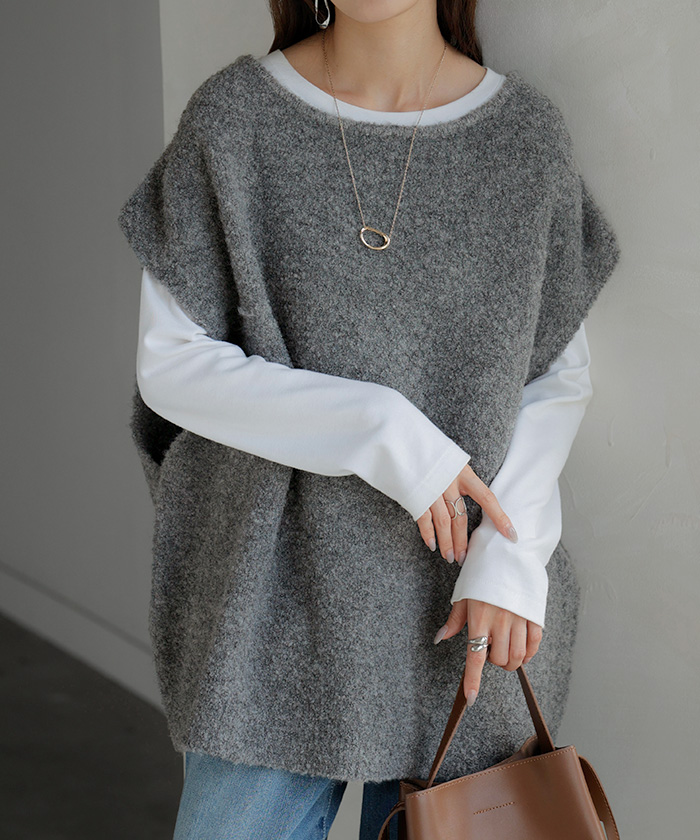 ベスト ニット ロング 選べる ネック レディース トップス セーター ジレ クルーネック Vネック チュニック ブークレ生地 コクーン レイヤード | HUG.U | 01