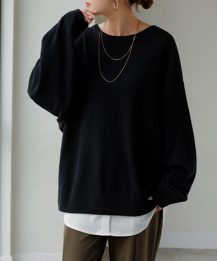 ニット 体感＋3.2℃ 吸湿 発熱　トップス ロング レディース セーター オーバー プルオーバー 長袖 チクチクしない 薄手 火山岩糸 クルーネック | HUG.U | 04