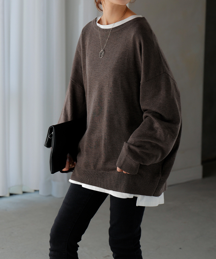 ニット 体感＋3.2℃ 吸湿 発熱　トップス ロング レディース セーター オーバー プルオーバー 長袖 チクチクしない 薄手 火山岩糸 クルーネック | HUG.U | 01