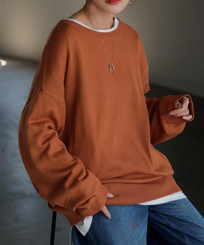 ニット 体感＋3.2℃ 吸湿 発熱　トップス ロング レディース セーター オーバー プルオーバー 長袖 チクチクしない 薄手 火山岩糸 クルーネック | HUG.U | 02