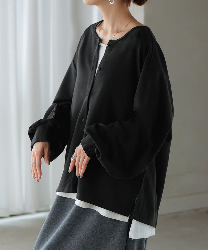 ブラウス ノーカラー トップス レディース ロング バンドカラー シャツ クルーネック チュニック 長袖 無地 ボリュームスリーブ ストレッチ シワになりにくい | HUG.U | 03