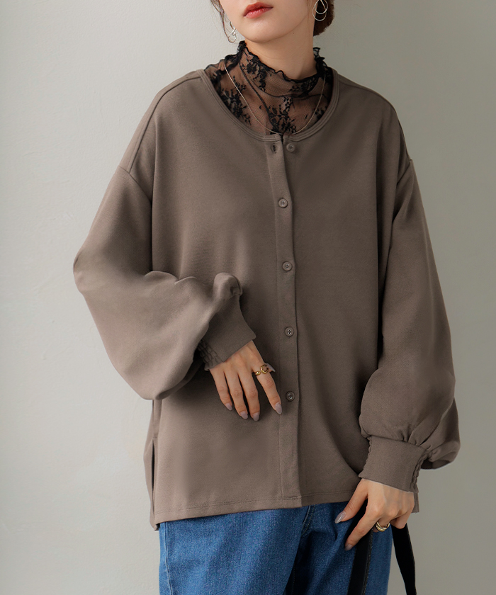 ブラウス ノーカラー トップス レディース ロング バンドカラー シャツ クルーネック チュニック 長袖 無地 ボリュームスリーブ ストレッチ シワになりにくい | HUG.U | 02