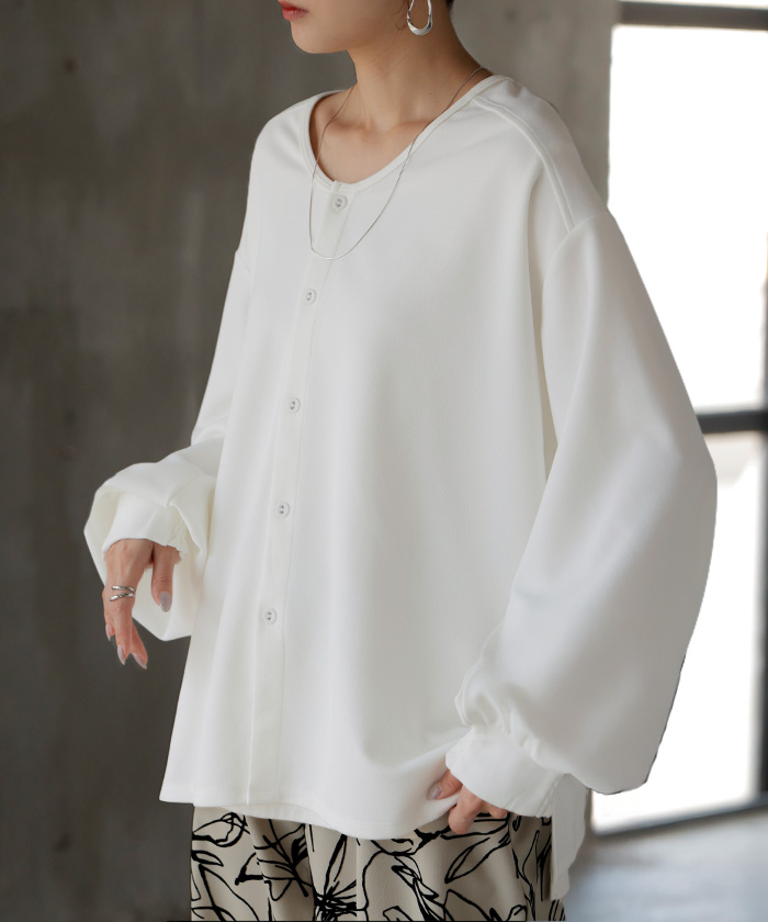 ブラウス ノーカラー トップス レディース ロング バンドカラー シャツ クルーネック チュニック 長袖 無地 ボリュームスリーブ ストレッチ シワになりにくい | HUG.U | 01