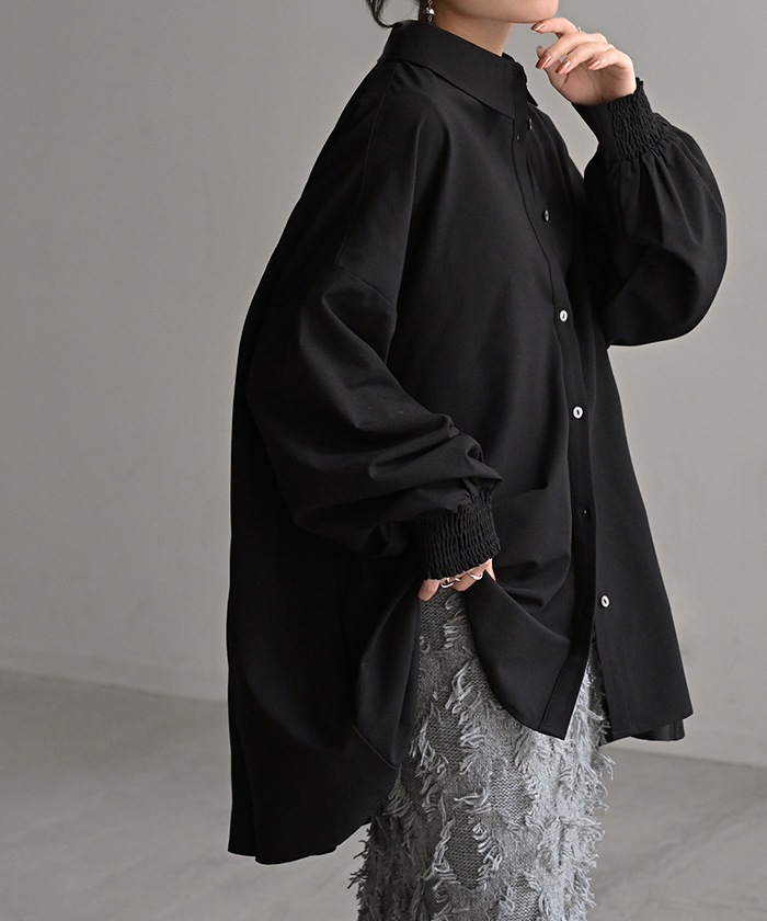 シャツ レディース バックシャン チュニック ブラウス トップス シャーリング ギャザー ロング ロングシャツ 長袖 無地 羽織 ライトアウター きれいめ ぽわん袖 | HUG.U | 05