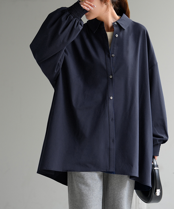 シャツ レディース バックシャン チュニック ブラウス トップス シャーリング ギャザー ロング ロングシャツ 長袖 無地 羽織 ライトアウター きれいめ ぽわん袖 | HUG.U | 03