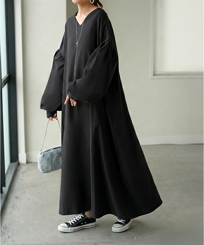 ワンピース ロング パフスリーブ Vネック レディース ワンピ ロングワンピース ロングワンピ Aライン マキシ マキシワンピース ボリュームスリーブ | HUG.U | 03