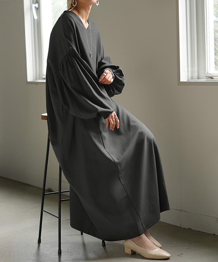 ワンピース ロング パフスリーブ Vネック レディース ワンピ ロングワンピース ロングワンピ Aライン マキシ マキシワンピース ボリュームスリーブ | HUG.U | 02