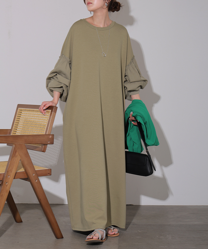 ワンピース 異素材 ロング ワンピ レディース ロングワンピース ポンチ Aライン マキシ マキシワンピース ロングワンピ ぽわん袖 長袖 クルーネック 体型カバー | HUG.U | 01
