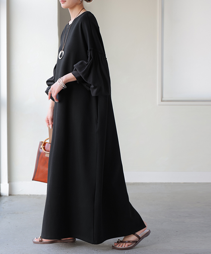 ワンピース 異素材 ロング ワンピ レディース ロングワンピース ポンチ Aライン マキシ マキシワンピース ロングワンピ ぽわん袖 長袖 クルーネック 体型カバー | HUG.U | 03