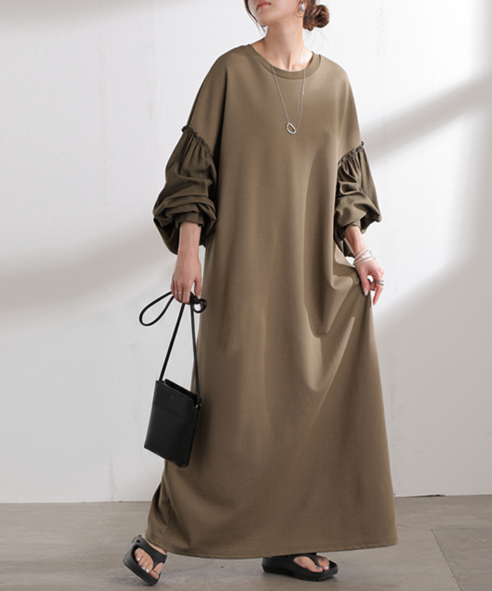 ワンピース 異素材 ロング ワンピ レディース ロングワンピース ポンチ Aライン マキシ マキシワンピース ロングワンピ ぽわん袖 長袖 クルーネック 体型カバー | HUG.U | 02