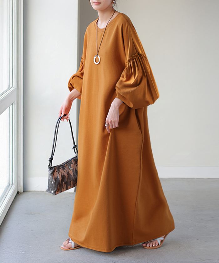 ワンピース 異素材 ロング ワンピ レディース ロングワンピース ポンチ Aライン マキシ マキシワンピース ロングワンピ ぽわん袖 長袖 クルーネック 体型カバー | HUG.U | 03