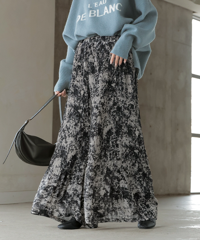 パンツ 裏起毛 秘密の暖か フレアパンツ シフォン プリーツ ワイド レディース ワイドパンツ ロング ロングパンツ 柄 シワになりにくい 体型カバー | HUG.U | 02