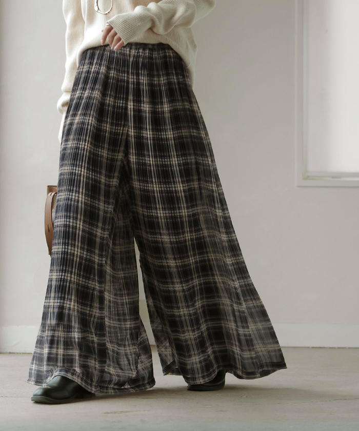 パンツ 裏起毛 秘密の暖か フレアパンツ シフォン プリーツ ワイド レディース ワイドパンツ ロング ロングパンツ 柄 シワになりにくい 体型カバー | HUG.U | 04