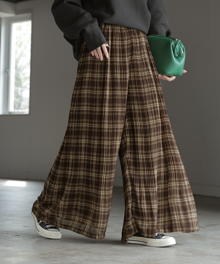 パンツ 裏起毛 秘密の暖か フレアパンツ シフォン プリーツ ワイド レディース ワイドパンツ ロング ロングパンツ 柄 シワになりにくい 体型カバー | HUG.U | 03