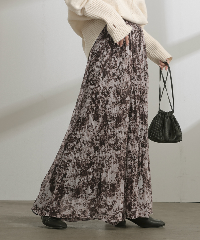 パンツ 裏起毛 秘密の暖か フレアパンツ シフォン プリーツ ワイド レディース ワイドパンツ ロング ロングパンツ 柄 シワになりにくい 体型カバー | HUG.U | 01