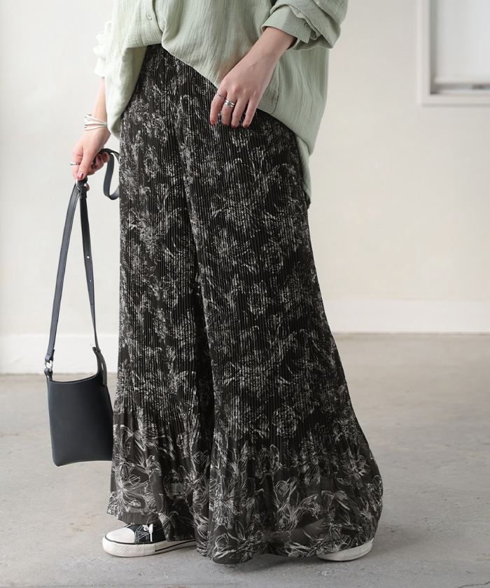 パンツ フレア シフォン プリーツ ワイド レディース ワイドパンツ ロング ロングパンツ シフォンパンツ チェック 花 柄 シワになりにくい 裏起毛 体型カバー | HUG.U | 07