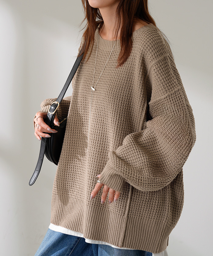 HERG1 【NEW】ワッフルウィンドプルーフセーター・ウィメンズ 新品 HUG.U（ハグユー） ニット ワッフル プルオーバー レディース トップス