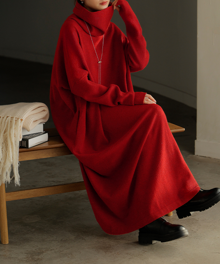 ワンピース ニット タートルネック ロング ワンピ セーター レディース 指穴 ニットワンピース ニットワンピ ロングワンピース 長袖 | HUG.U | 01