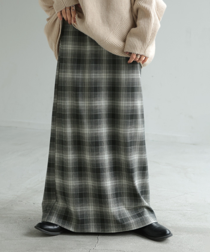 スカート ロング チェック レディース ?ロングスカート ナロースカート ボトムス ボトム 微起毛 洗える フレア フレアスカート マキシ ウエストゴム | HUG.U | 02