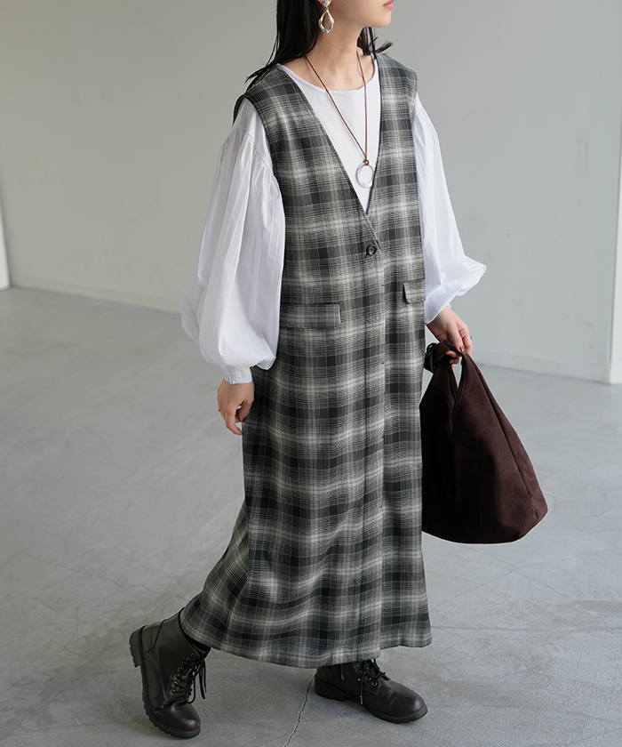 ワンピース ジレ ジャンパースカート 2way チェック ウォッシャブル サロペット レディース ロング ロングワンピース シワになりにくい 微 起毛 レイヤード | HUG.U | 02