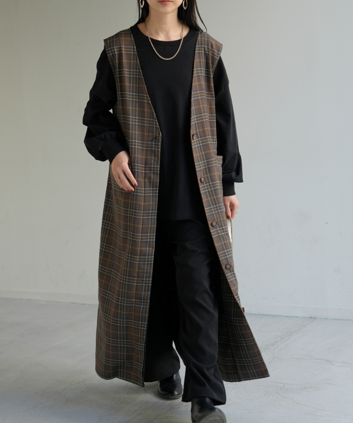 ワンピース ジレ ジャンパースカート 2way チェック ウォッシャブル サロペット レディース ロング ロングワンピース シワになりにくい 微 起毛 レイヤード | HUG.U | 01