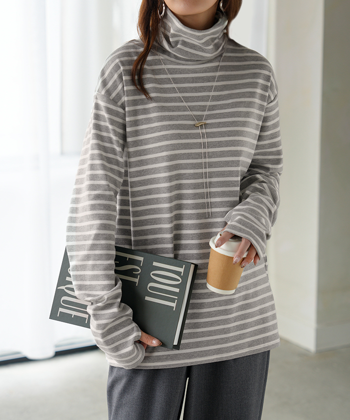 HUG.U カットソー ボーダー タートルネック レディース ボーダーT