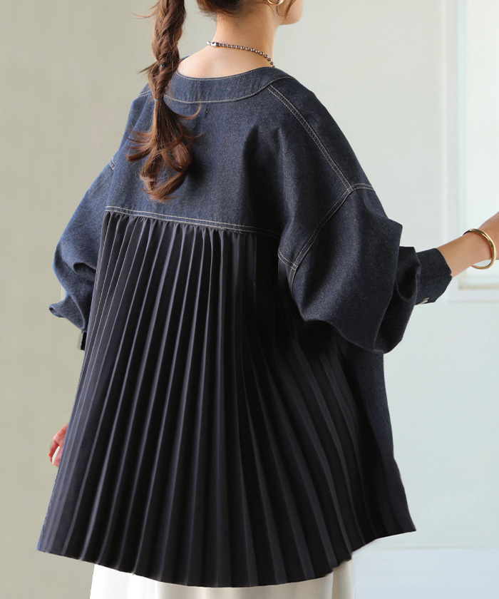 アウター ジャケット デニム バックプリーツ 異素材 MIX レディース Gジャン ロング デニムジャケット シャツ ブルゾン ノーカラー 羽織 チュニック ジーンズ | HUG.U | 01