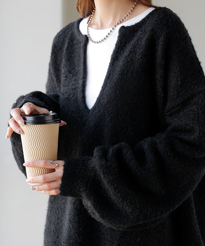 U350/美品   セーター 黒染め オーバーサイズ HUG.U（ハグユー） ニット 深V メランジ レディース トップス ロング