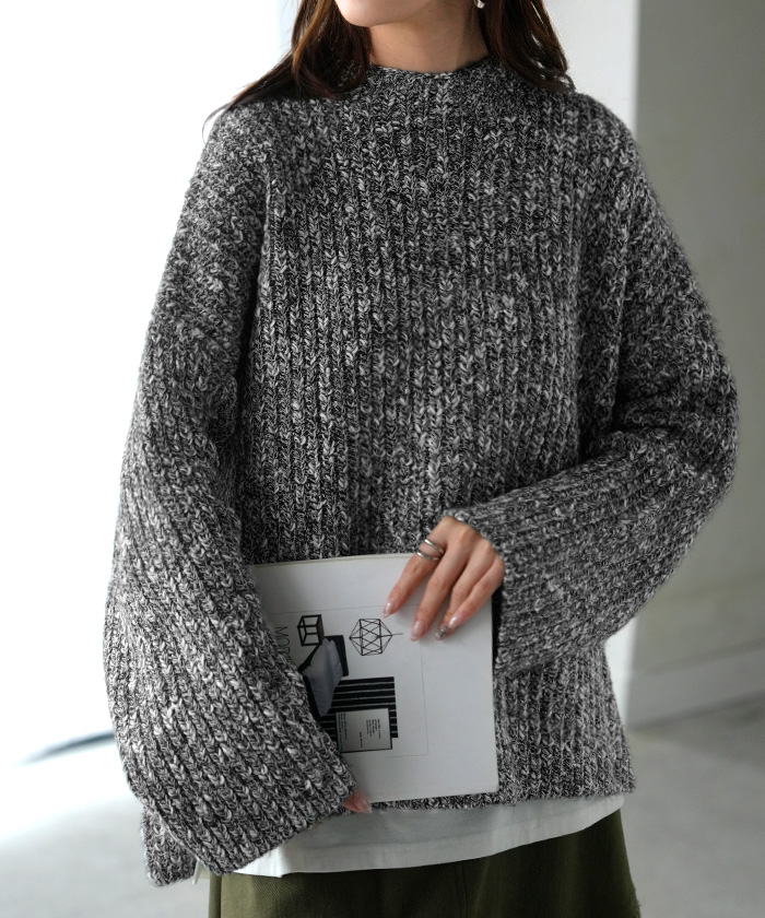 ニット メランジ ボトルネック レディース トップス セーター リブ オーバー プルオーバー リブ編み ローゲージニット ハイネック スリット | HUG.U | 04