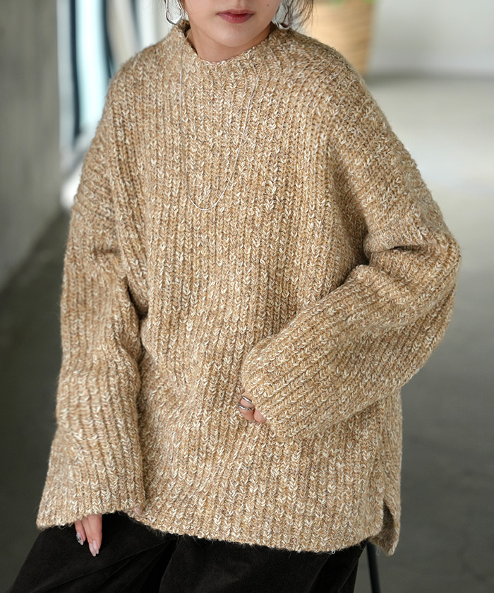 ニット メランジ ボトルネック レディース トップス セーター リブ オーバー プルオーバー リブ編み ローゲージニット ハイネック スリット | HUG.U | 02