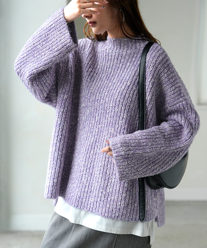 ニット メランジ ボトルネック レディース トップス セーター リブ オーバー プルオーバー リブ編み ローゲージニット ハイネック スリット | HUG.U | 03