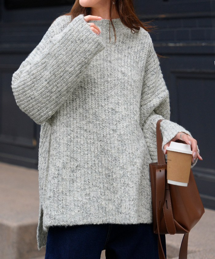 ニット メランジ ボトルネック レディース トップス セーター リブ オーバー プルオーバー リブ編み ローゲージニット ハイネック スリット | HUG.U | 01