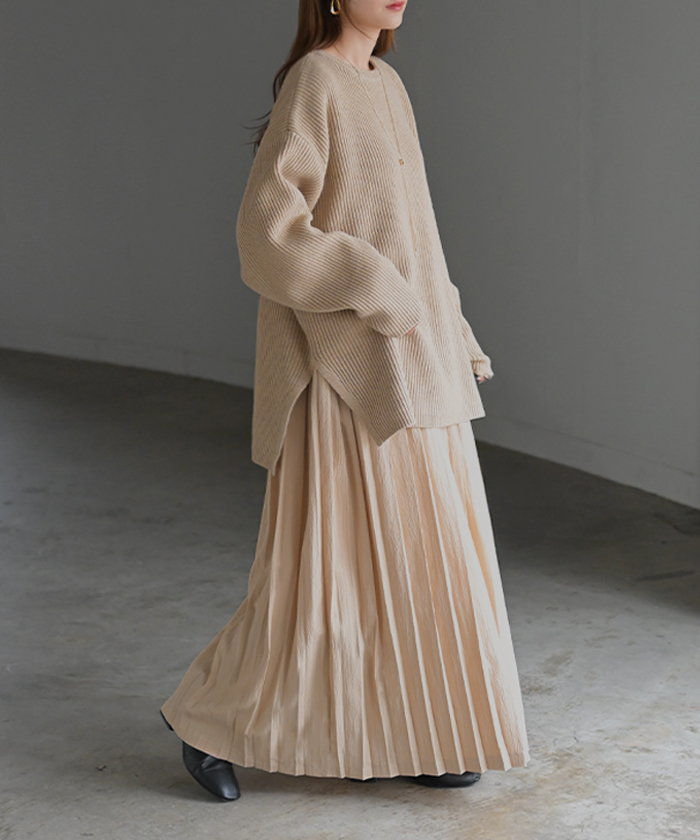 ニット ワンピース 2点セット セットアップ プリーツ レディース トップス アンサンブル セーター プルオーバー 異素材 ドッキング ワンピ ロングワンピース | HUG.U | 01