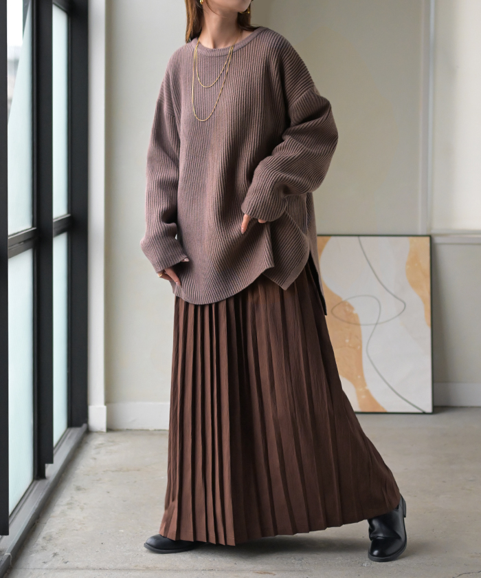 ニット ワンピース 2点セット セットアップ プリーツ レディース トップス アンサンブル セーター プルオーバー 異素材 ドッキング ワンピ ロングワンピース | HUG.U | 02