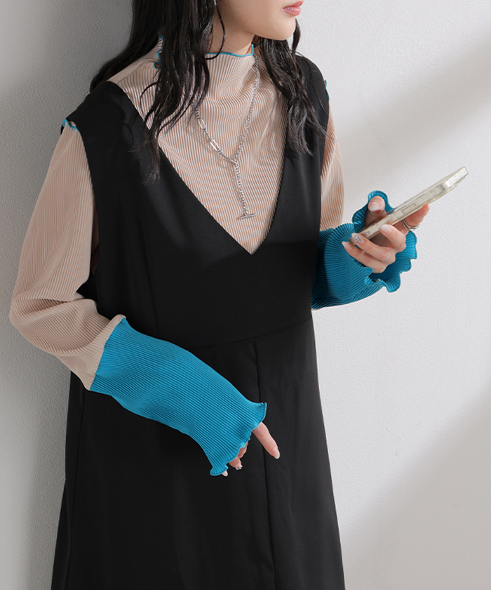 トップス プリーツ インナー バイカラー レディース 長袖 ストレッチ レイヤード 配色 リブ メロウ 重ね着 ボトルネック ハイネック シワになりにくい 華奢見え | HUG.U | 02