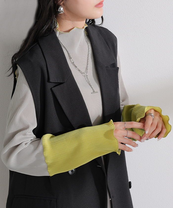 トップス プリーツ インナー バイカラー レディース 長袖 ストレッチ レイヤード 配色 リブ メロウ 重ね着 ボトルネック ハイネック シワになりにくい 華奢見え | HUG.U | 03