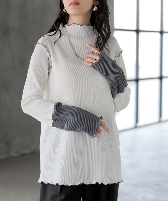 トップス プリーツ インナー バイカラー レディース 長袖 ストレッチ レイヤード 配色 リブ メロウ 重ね着 ボトルネック ハイネック シワになりにくい 華奢見え | HUG.U | 01