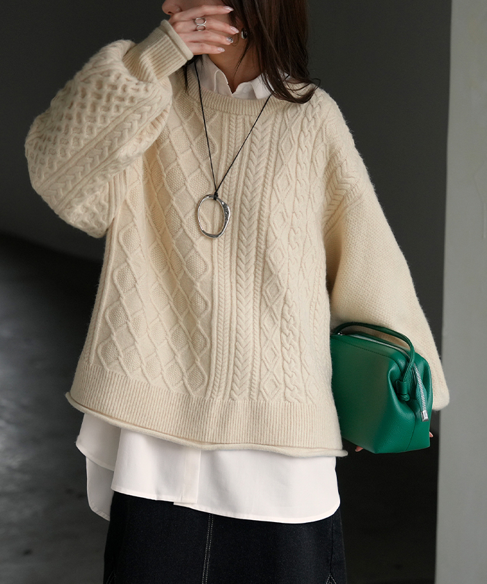 アンサンブル レディース トップス ロング セット セーター ブラウス チュニック ストライプシャツ リブ ボリュームスリーブ 重ね着 | HUG.U | 01