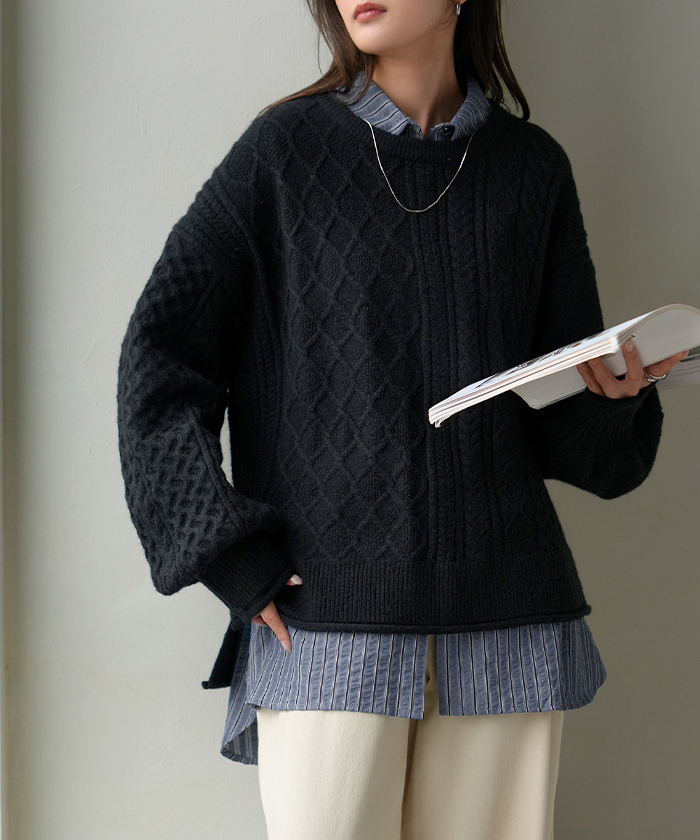 アンサンブル レディース トップス ロング セット セーター ブラウス チュニック ストライプシャツ リブ ボリュームスリーブ 重ね着 | HUG.U | 03