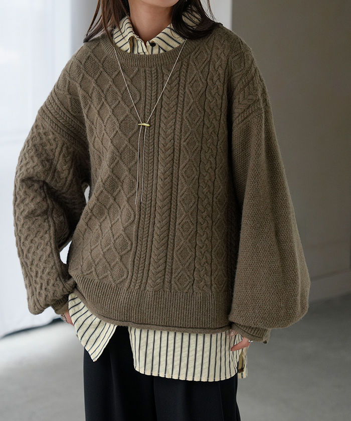 アンサンブル レディース トップス ロング セット セーター ブラウス チュニック ストライプシャツ リブ ボリュームスリーブ 重ね着 | HUG.U | 02